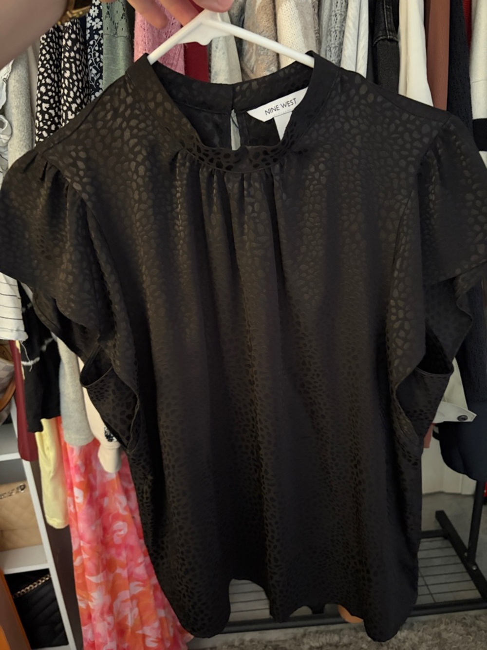 Nine West Black Satin Jacquard Flutter Sleeve Blouse